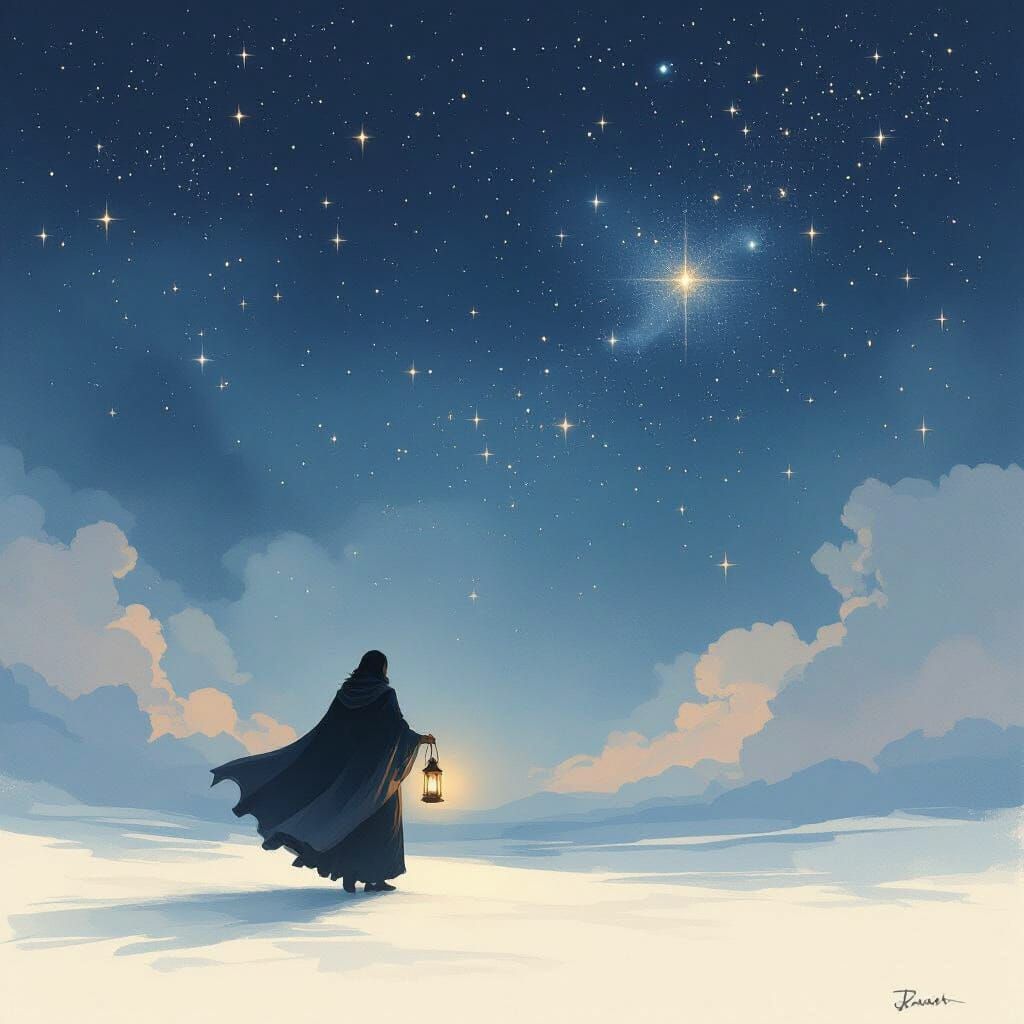Ethereal Figure with Lantern Under Starry Sky