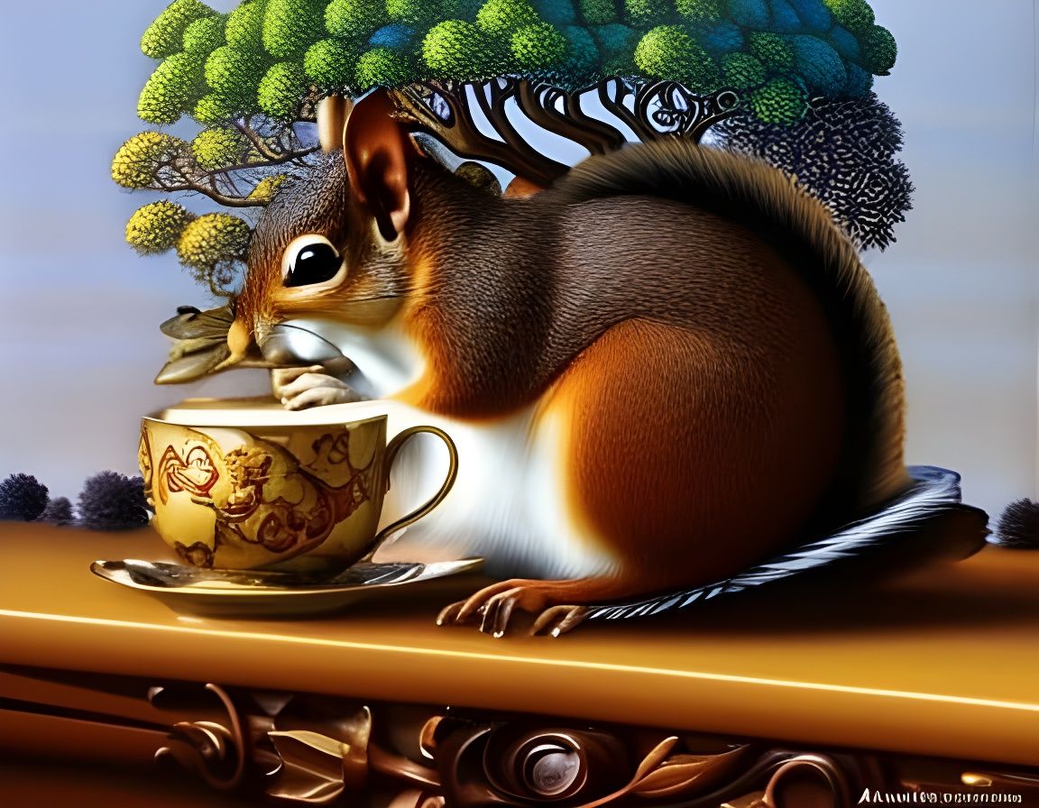 Squirrel in Teacup: Detailed Art Deco Fantasy Painting