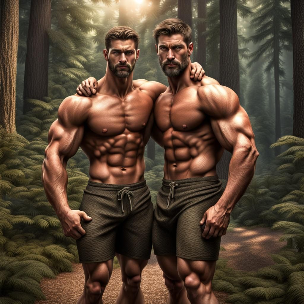 Brothers' Protective Embrace in a Photorealistic Forest