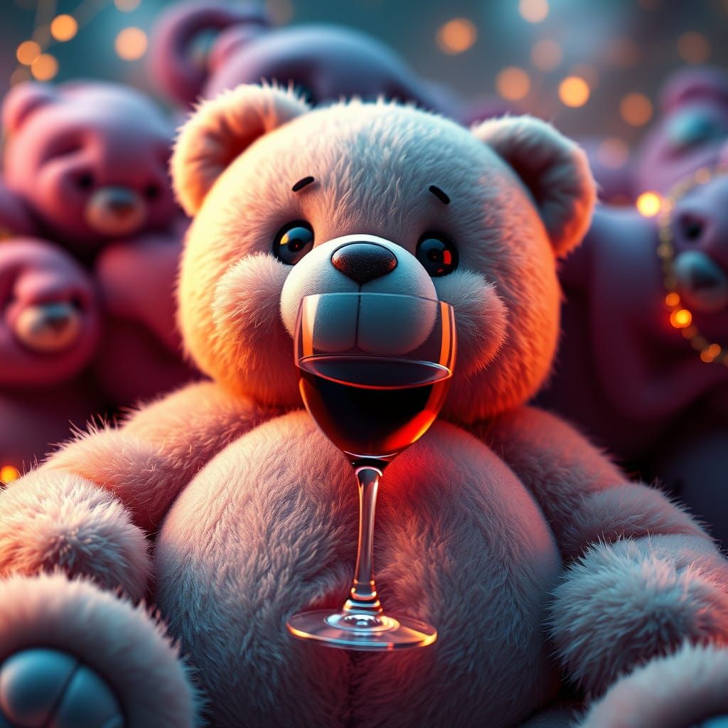 Whimsical Wine Loving Care Bear in Hyperrealistic Style