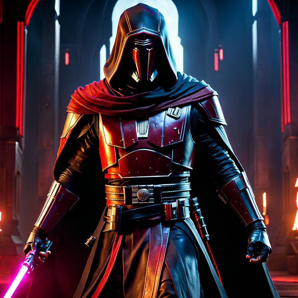 Darth Revan in Photorealistic 3D Game Cinematic Style