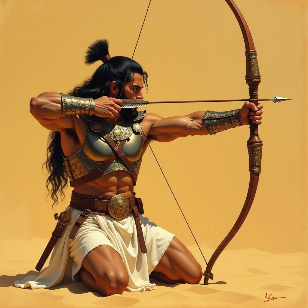 Ancient Assyrian Archer Kneeling with Large Bow