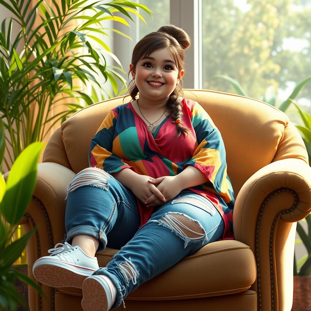 Overweight Girl with Bright Smile in Futuristic Realism