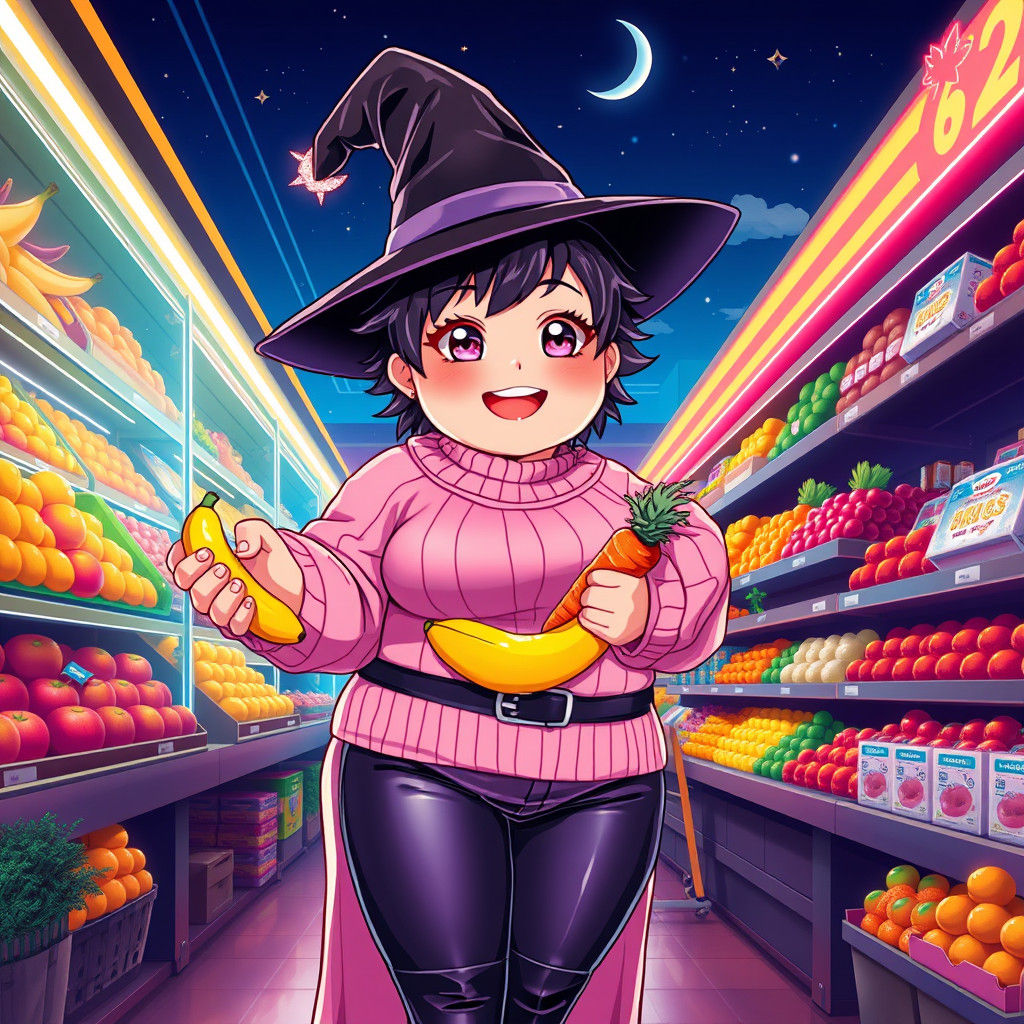 Chubby Witch Shopping for Produce in Anime Style