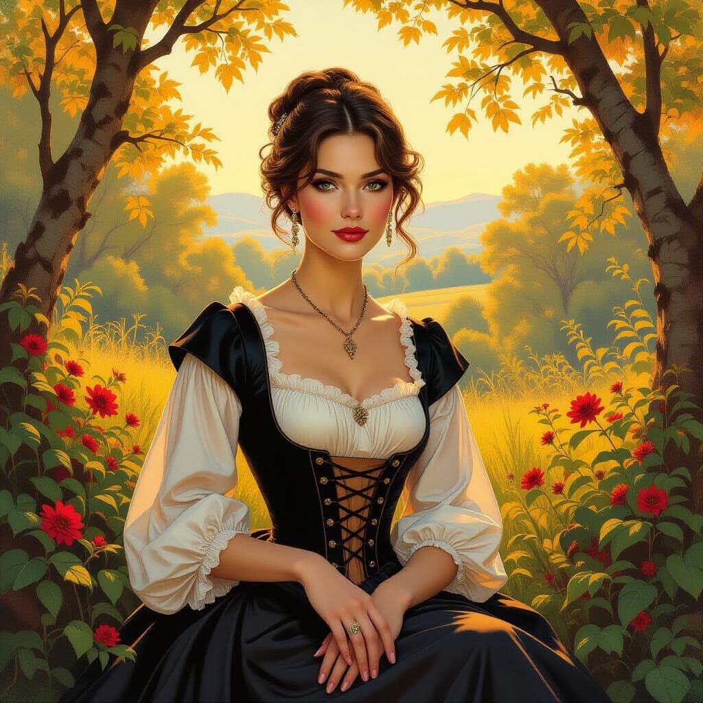 Elegant Woman in Landscape, Impressionistic Style