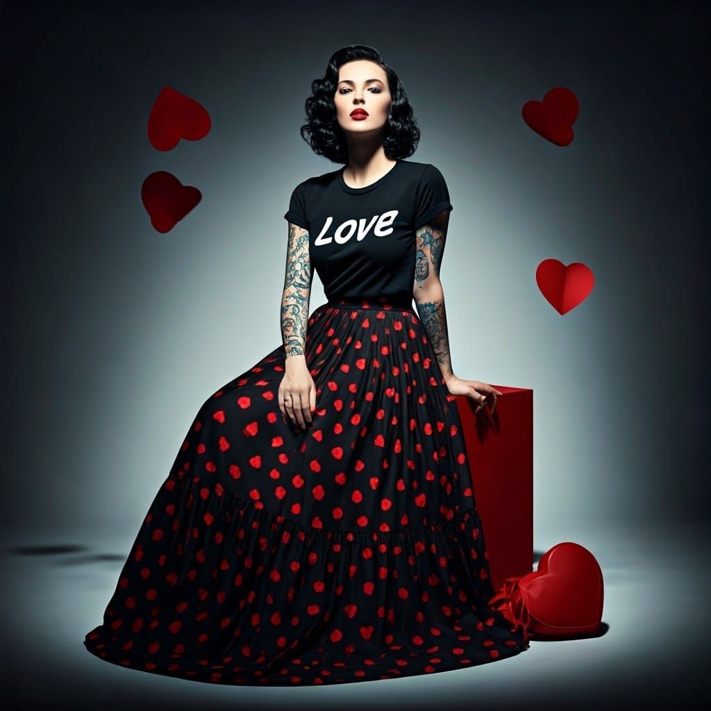 Elegant Woman Surrounded by Whimsical Love in Deep, Rich Col...