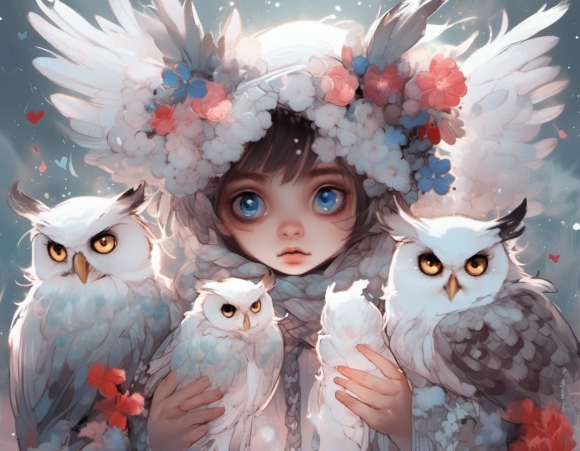 Cute Yarn Owls Around Campfire, Digital Art