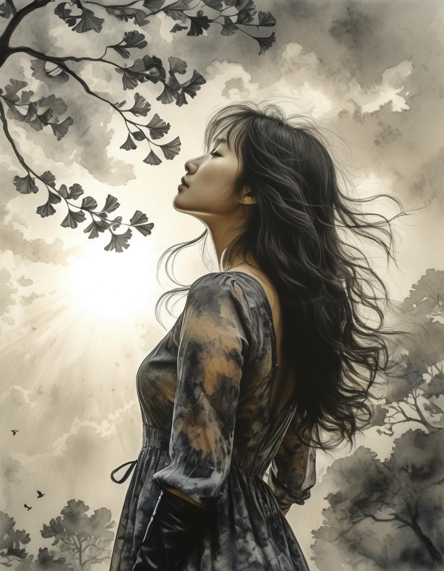 Surreal Watercolor: Woman in Ginkgo Tree Silhouette