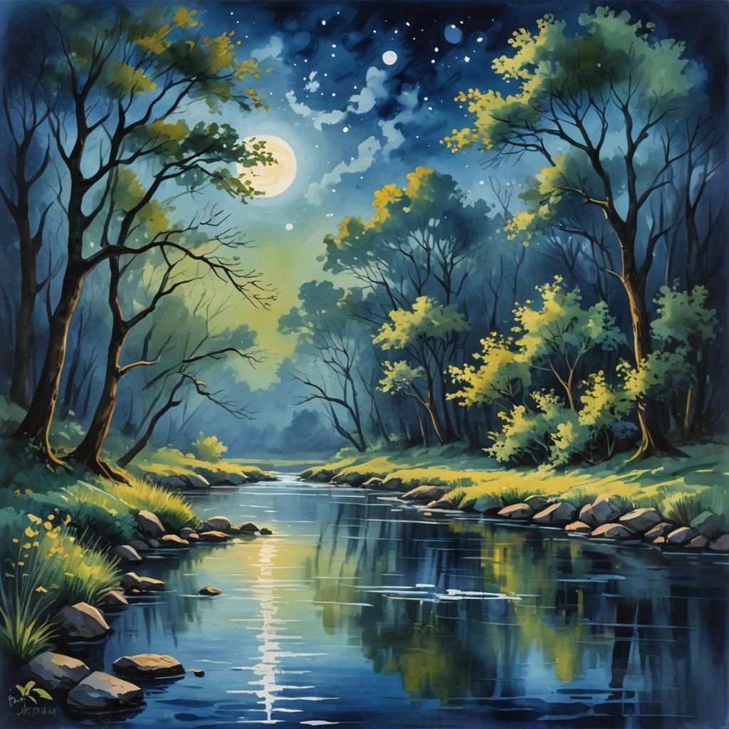 Blue Moonlight River in Gouache Impressionist Style