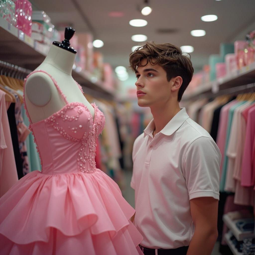 Androgynous Man Mesmerized by Pink Dress, Cinematic Lighting