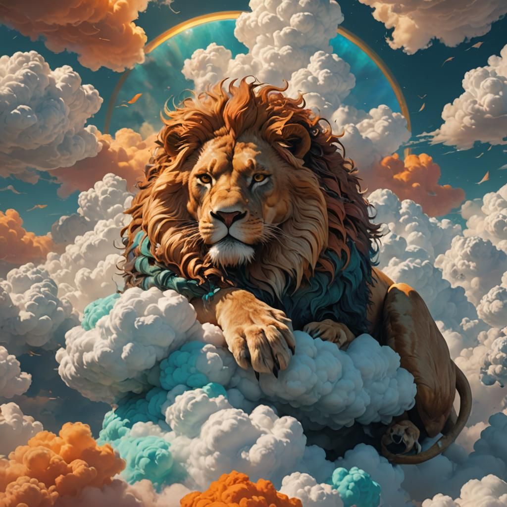 Lion Asleep on Clouds: Digital Art