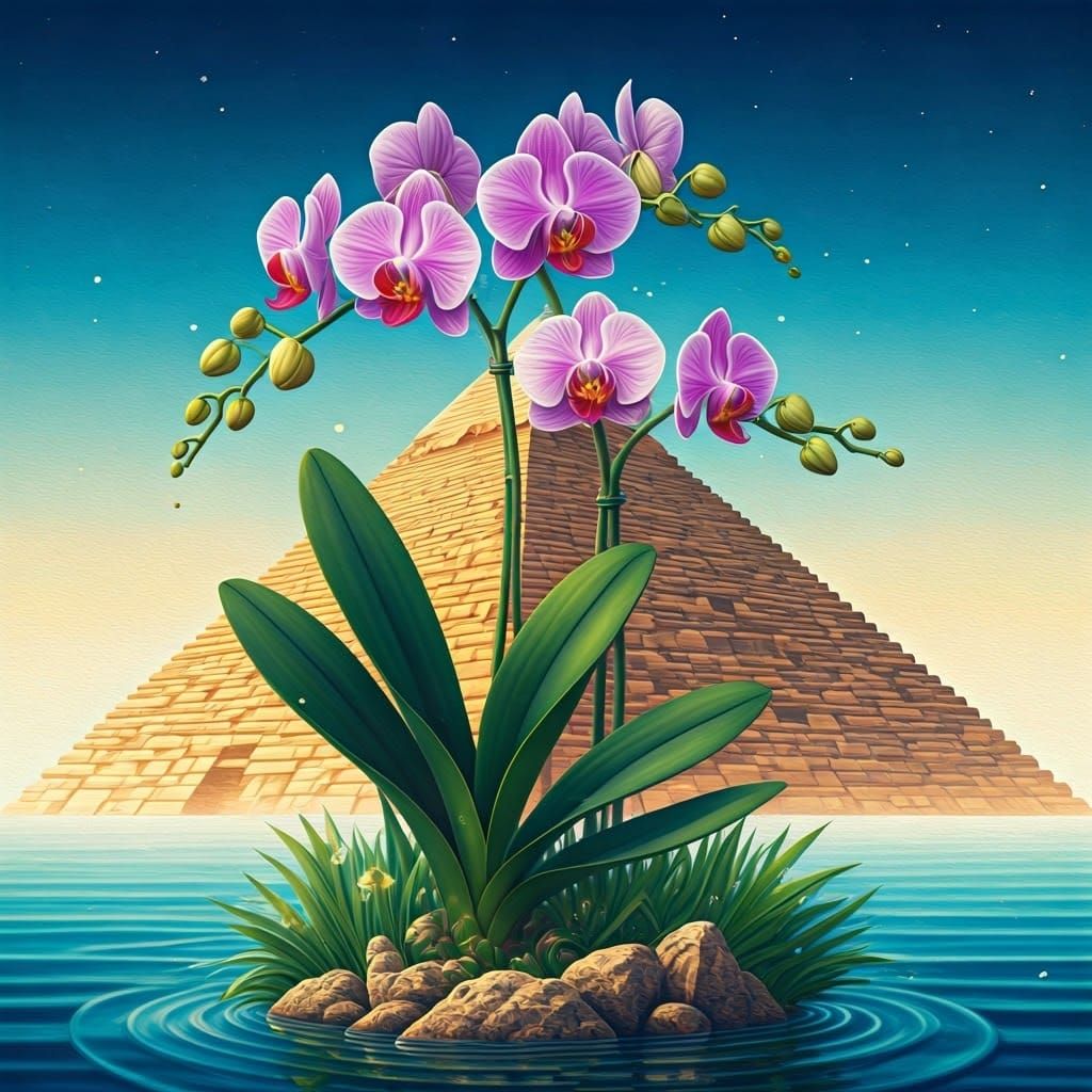 Orchid and Pyramid at Giza in Watercolor Style