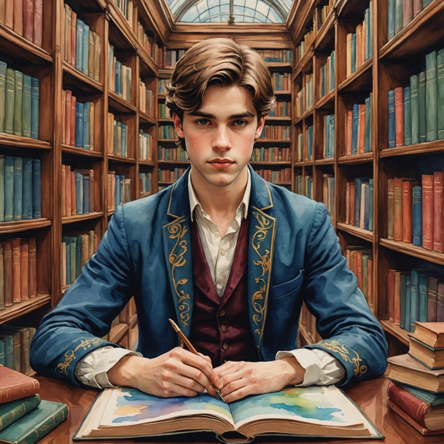 Boy Prince Studying in Library as Watercolor