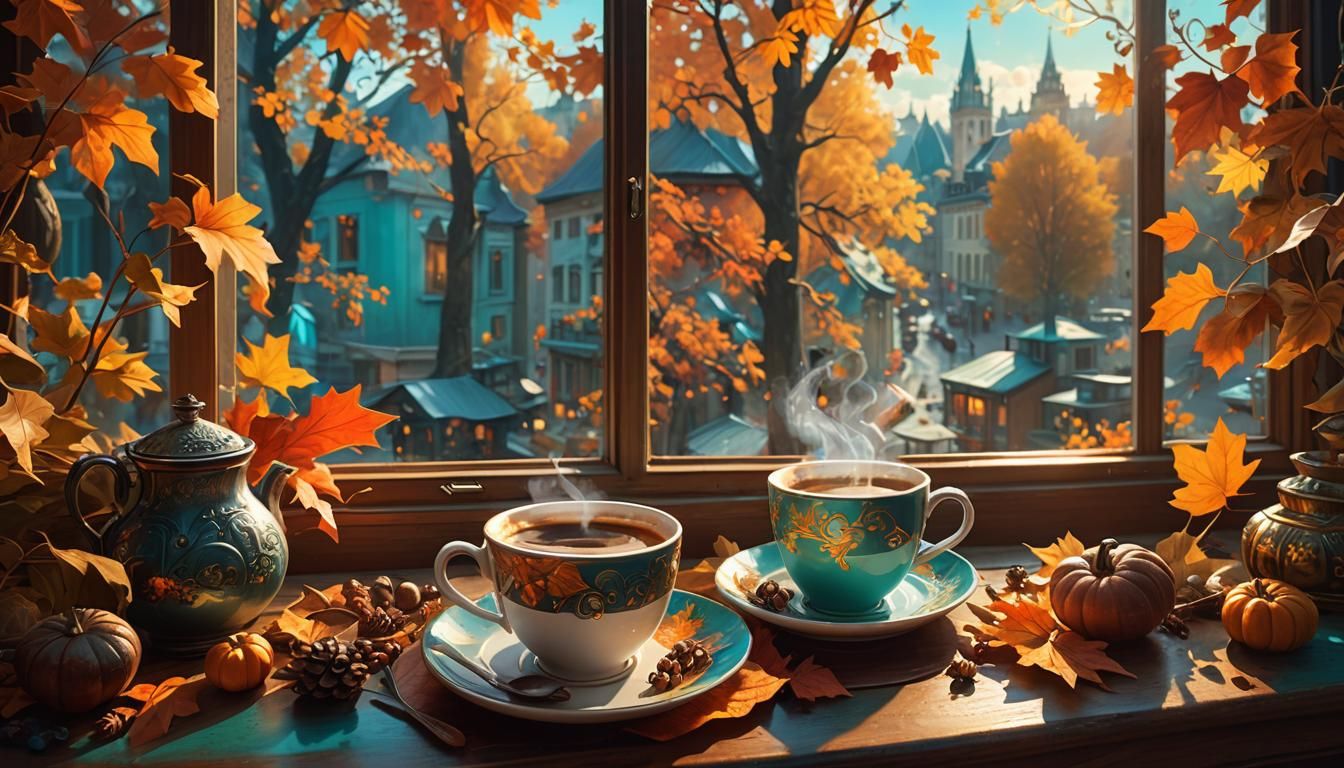 Vibrant Autumn Coffee Scene in Triadic Colors