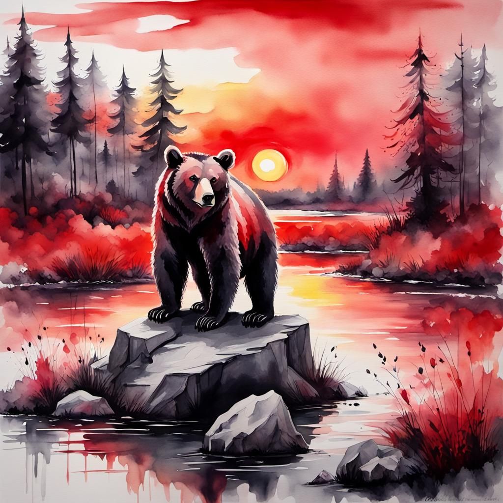 Bear in Swamp: Watercolor and Ink Landscape