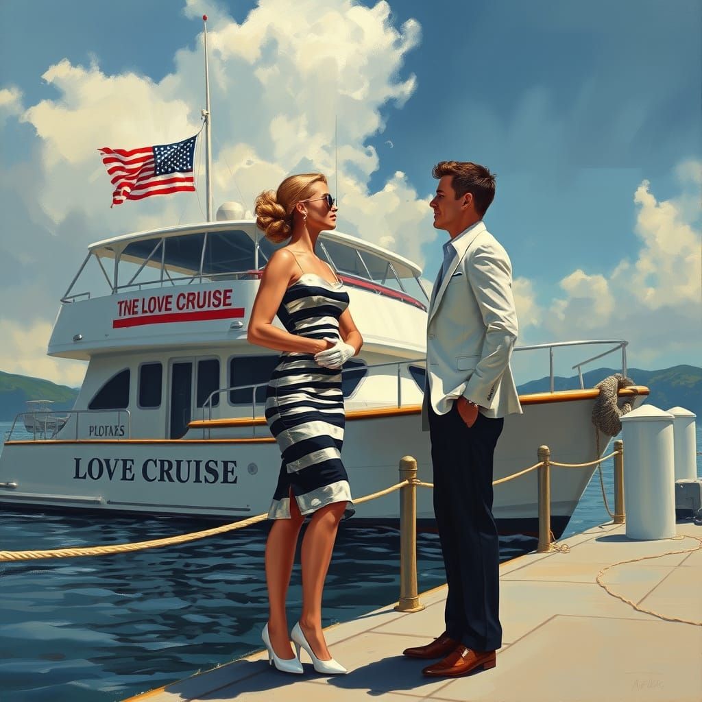 Romantic Couple Embrace on Dock: 60s Impressionistic Paintin...