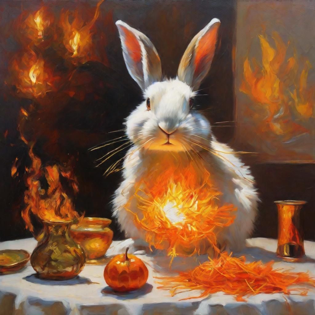 Surreal Rabbit's Fiery Feast: An Expressionist Oil Painting