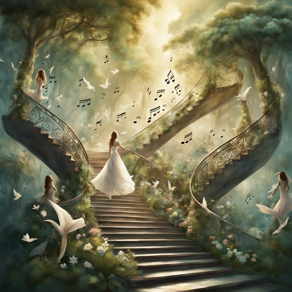 Musical Stairway Ascending in Lush Jungle Scene