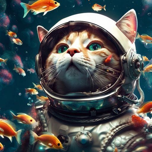 Cat Astronaut in Space with Swimming Fish
