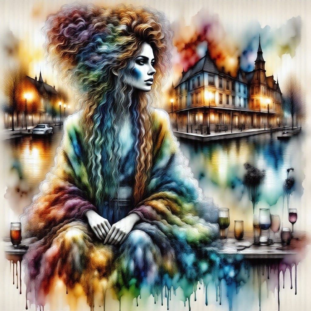 Mysterious Art Deco Figure at Sunset in Watercolor Style