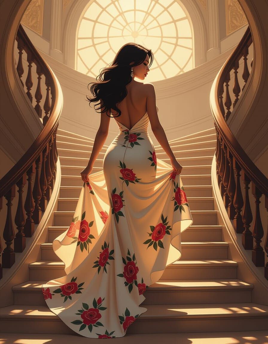 Asian Woman in Sundress Ascends Staircase