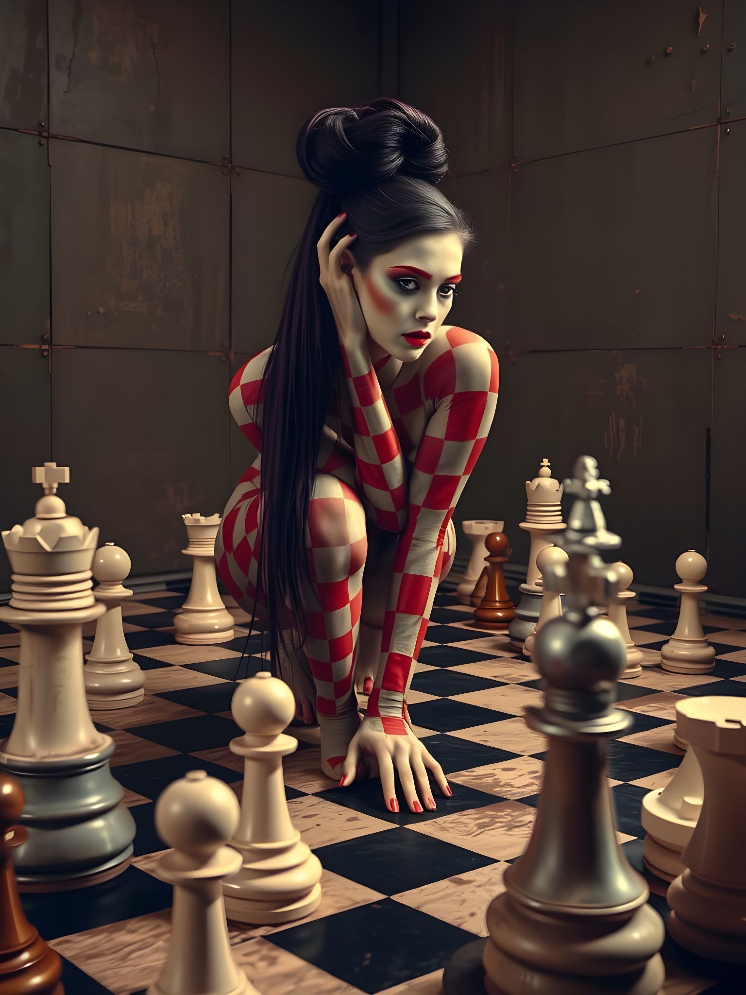 Surreal Figure on Chessboard in Dreamlike Setting