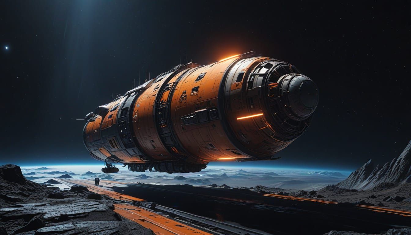 Battle-Scarred Spaceship Exits Orbital Dock in Sci-Fi Art
