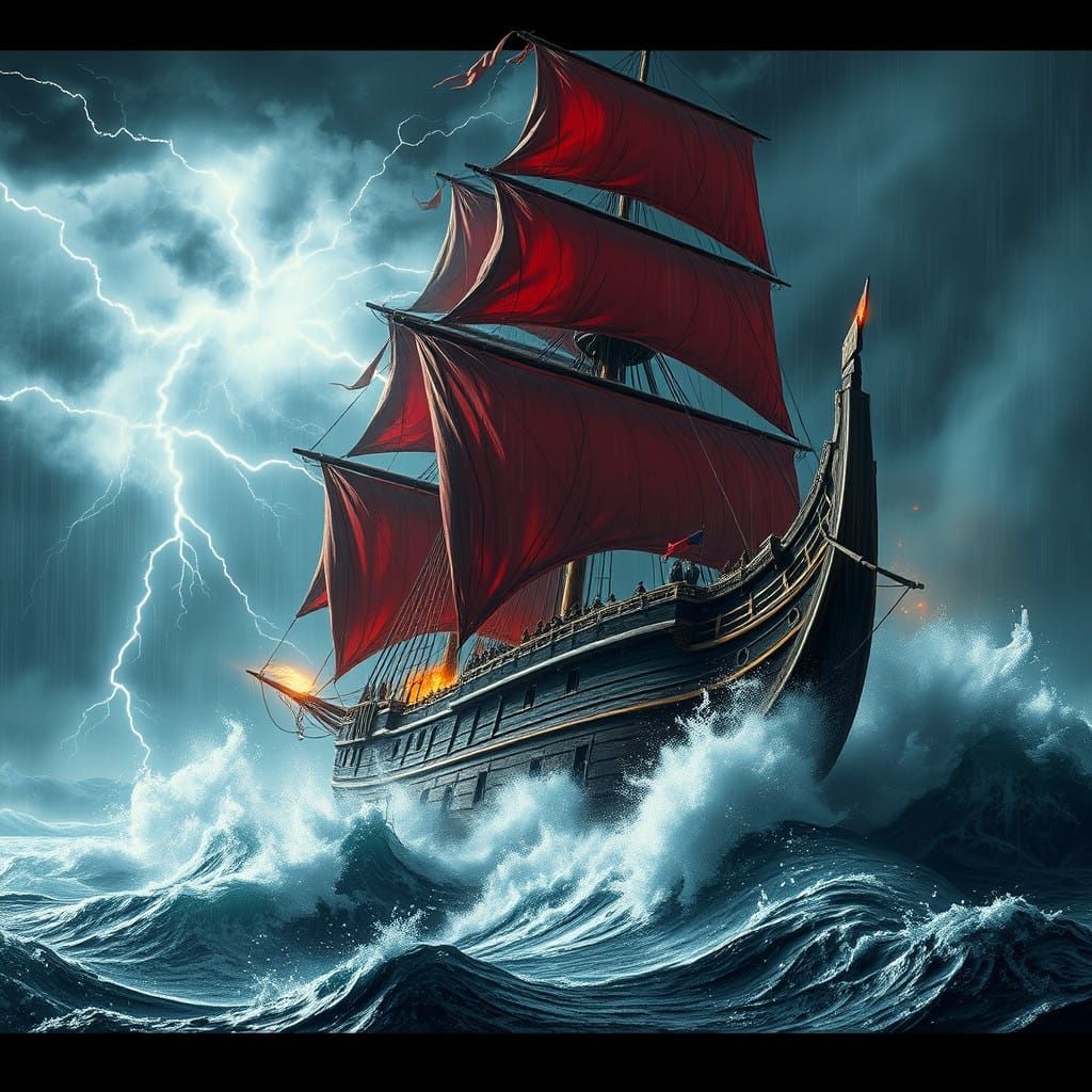 Majestic Ship Battles Turbulent Stormy Sea with Ripped Red S...
