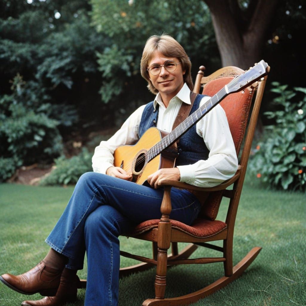 Musician Relaxing with Guitar in Rocking Chair