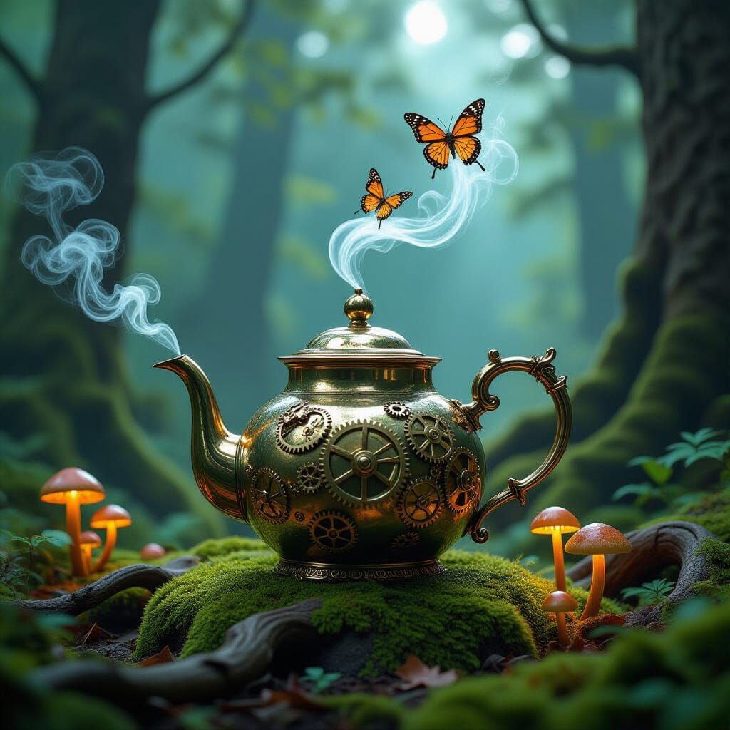 Steampunk Teapot on Mossy Stone in Enchanted Forest