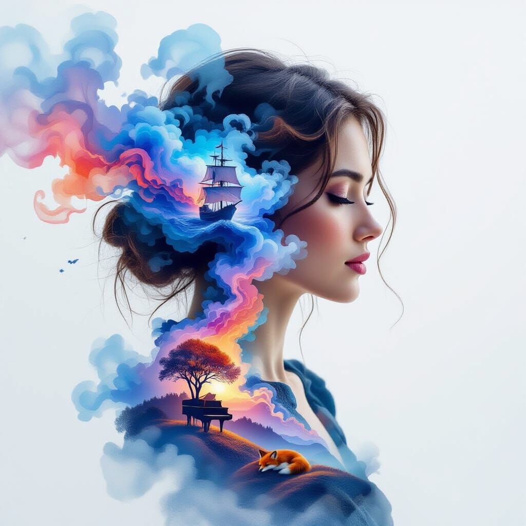 Smoky Double Exposure Portrait with Impasto Brushstrokes