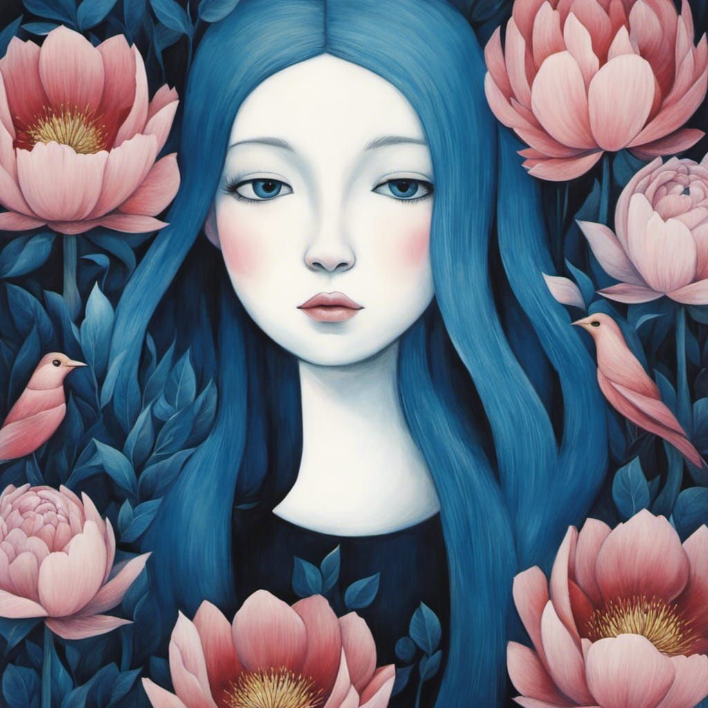 Blue Girl with Peonies in Art Brut Style