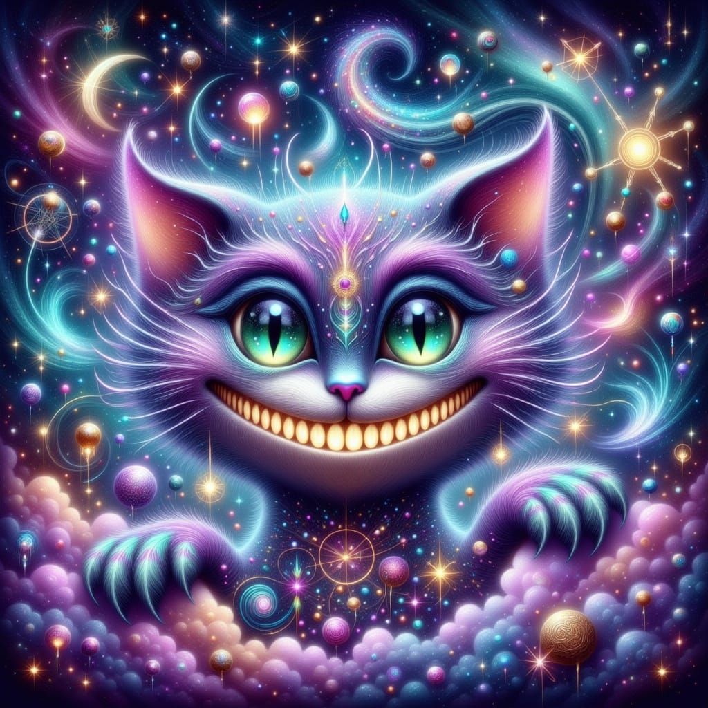 Ethereal Cheshire Cat in Whimsical Zodiac Dreamscape