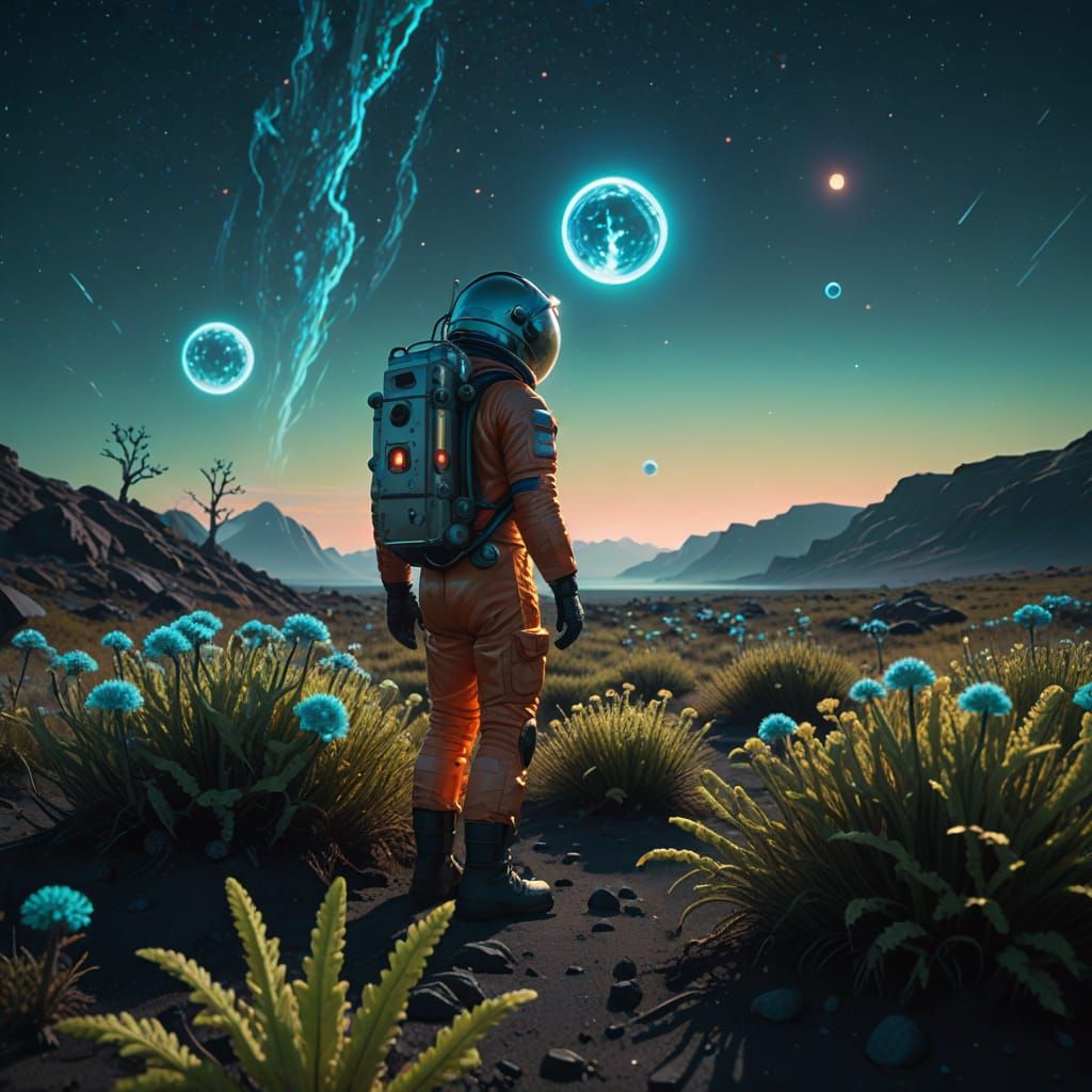 Astronaut and Bioluminescent Flora on Alien Planet