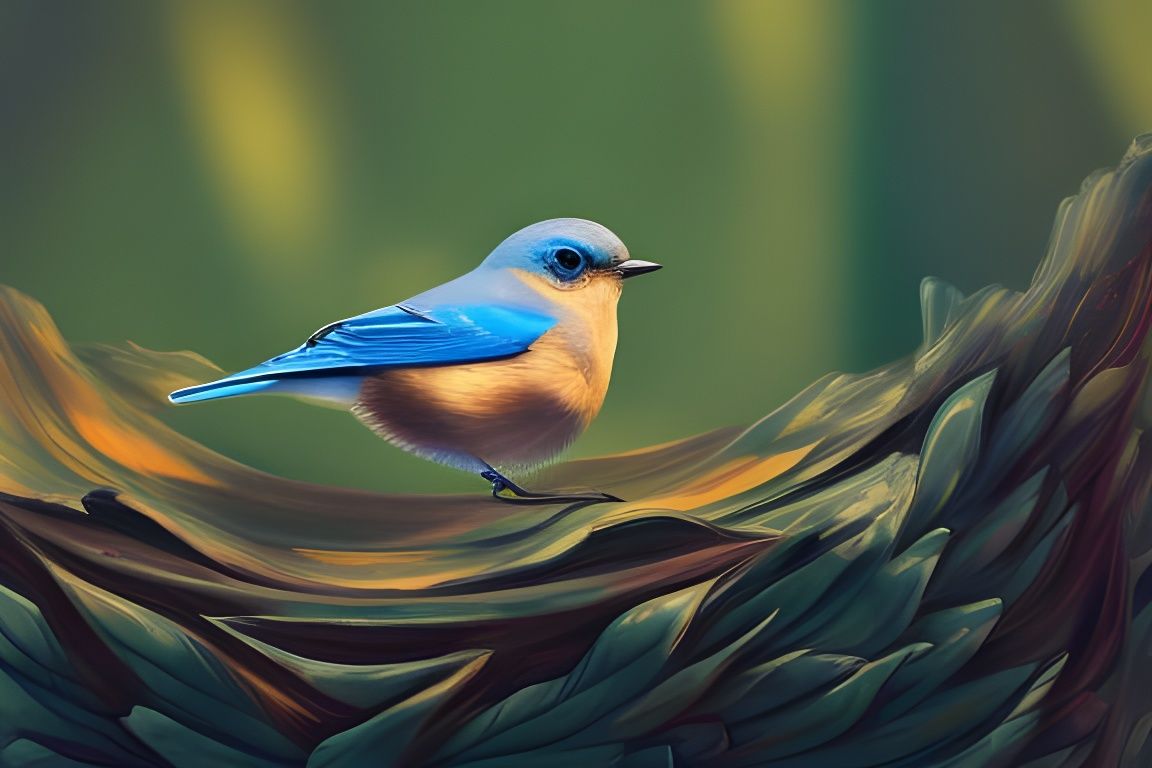 Bluebird by Nest in Impasto Style, Golden Hour