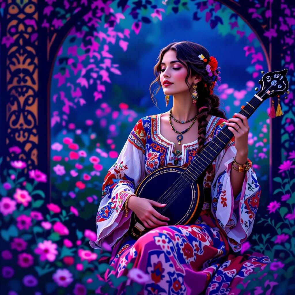 Woman Plays Bason Accordion in Vibrant Folk Style