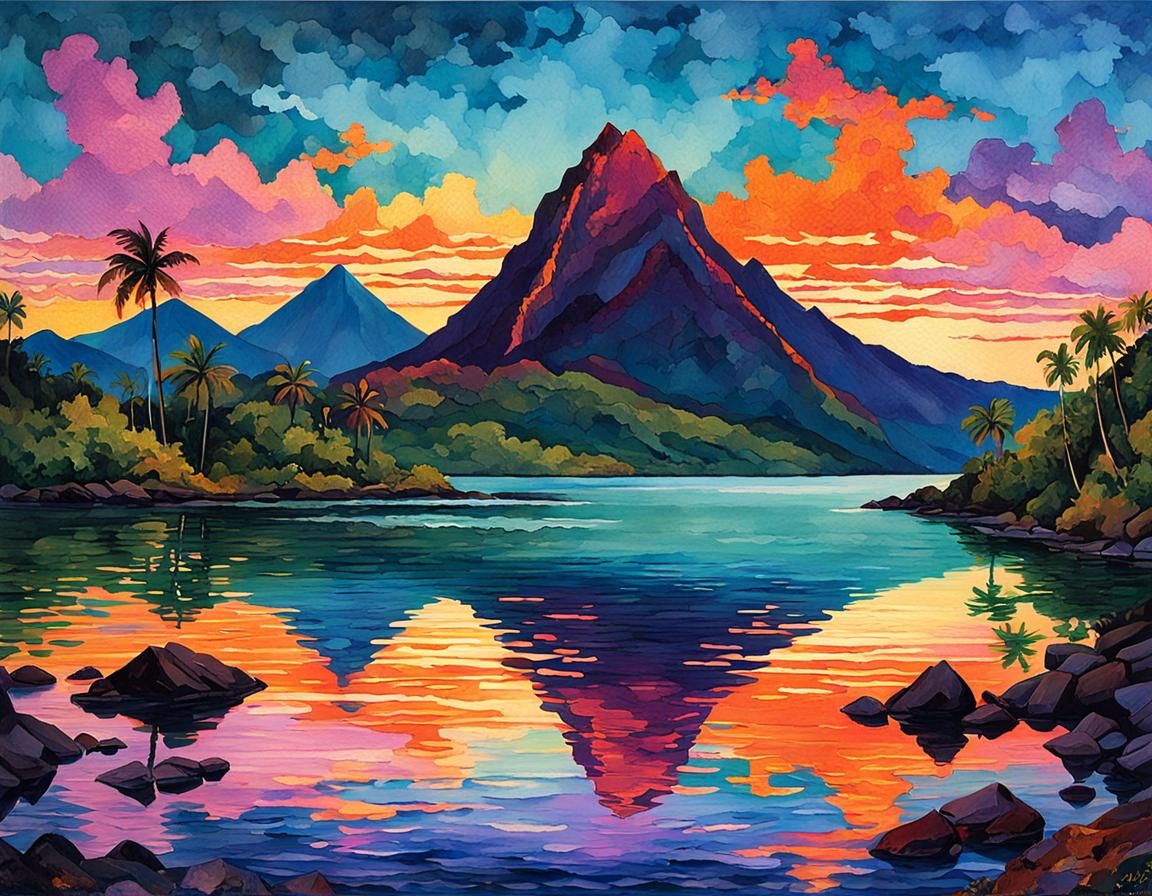 Majestic Pitons at Sunset in Watercolor Style