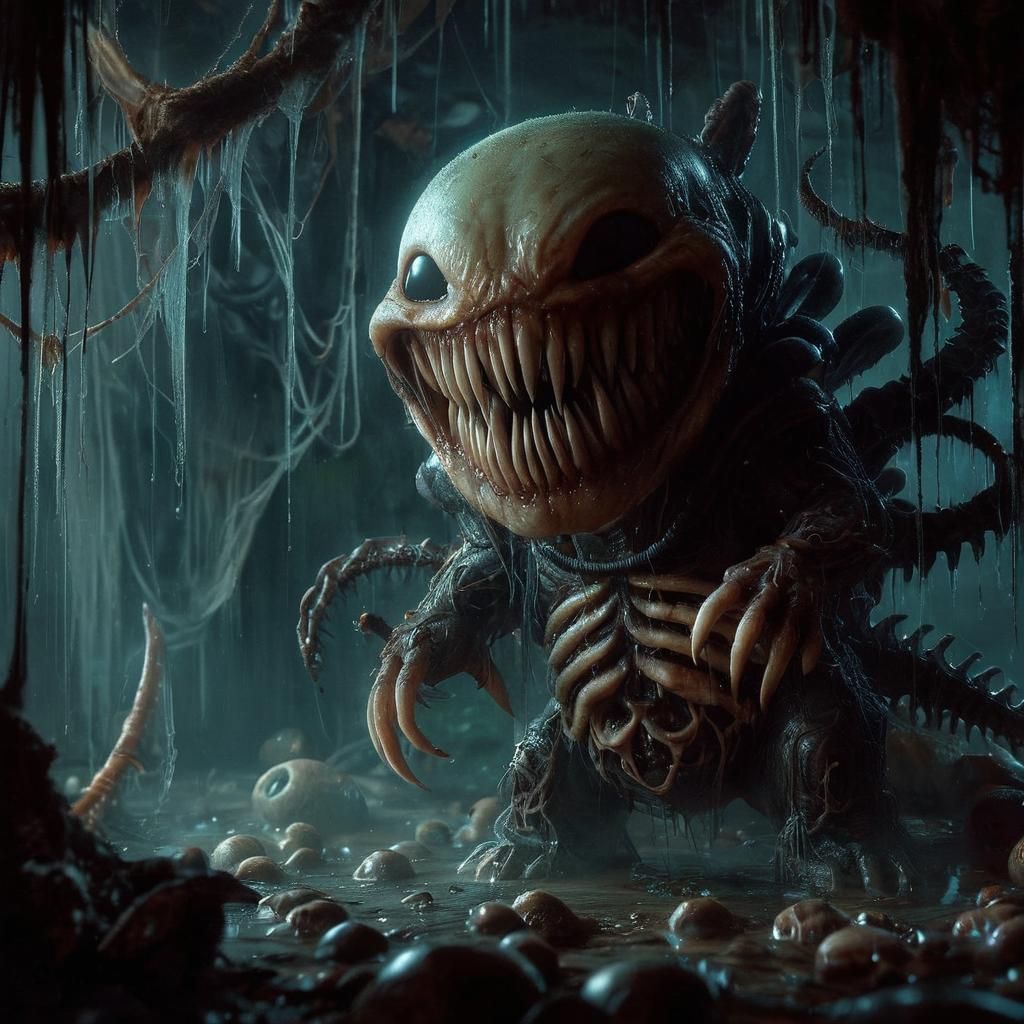 Eerie Bear-Xenomorph Chibi in Haunted Basement