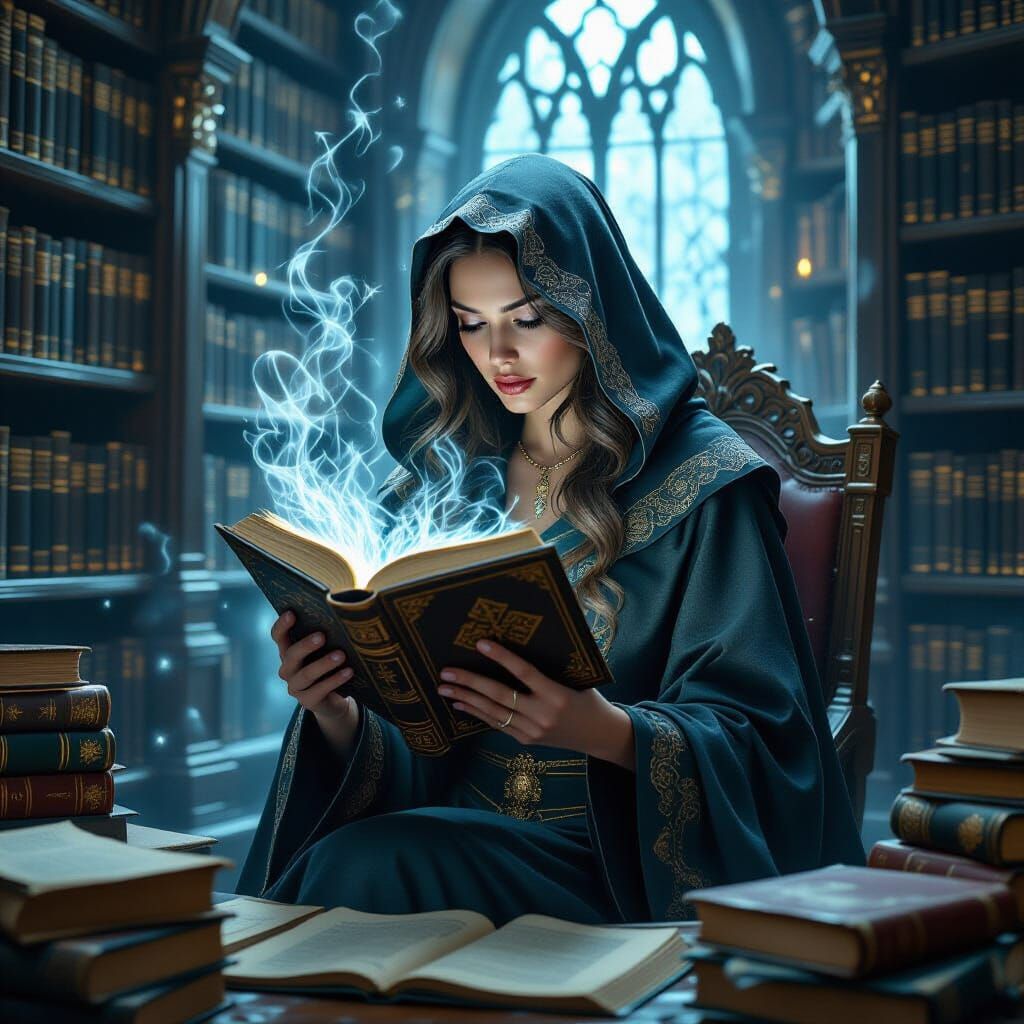 Mystical Witch Reading Magic Tome in Library