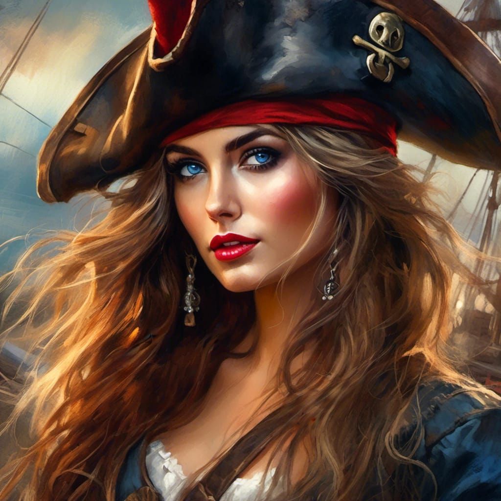 Stunning Pirate Woman in Gritty Watercolor Style