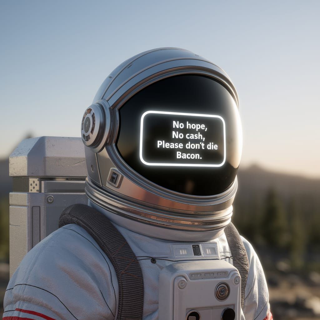 Spacesuit Helmet HUD Shows "No Hope, No Cash"