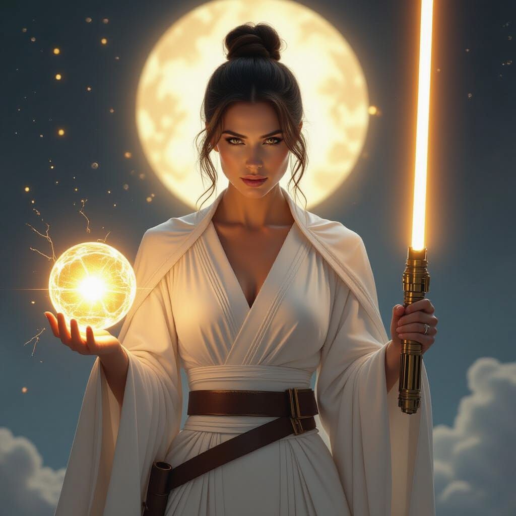 Celestial Woman with Lightsaber in Ethereal Light
