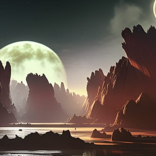 Eerie Alien Landscape with Three Moons