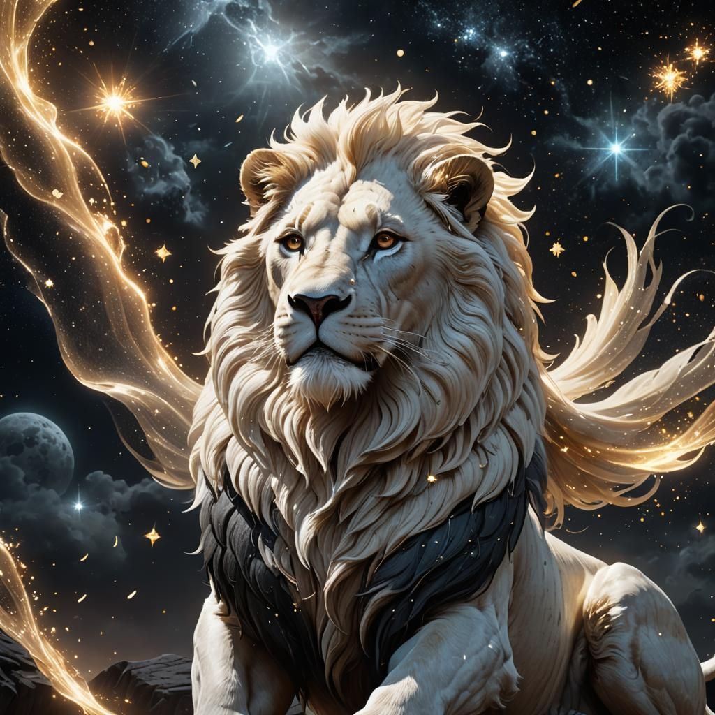 Heavenly White Lion in Starry Sky: 8K Fantasy Art