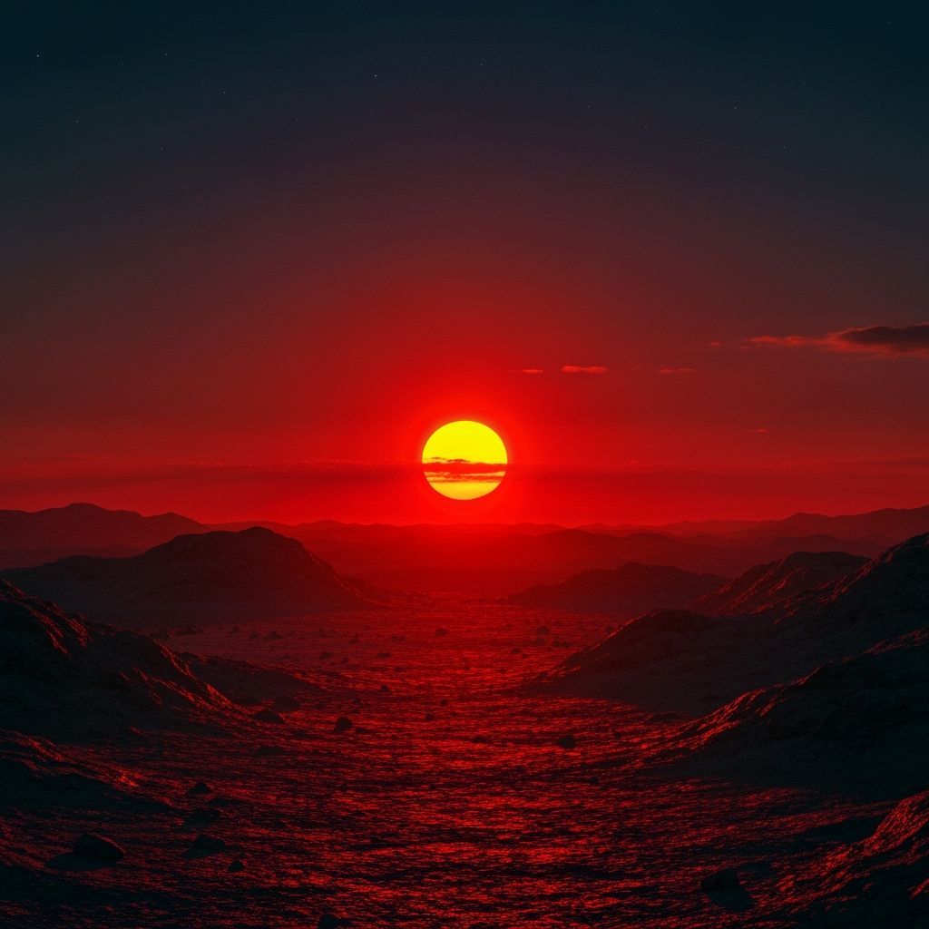 Apocalyptic Red Sun Over Desolate Landscape