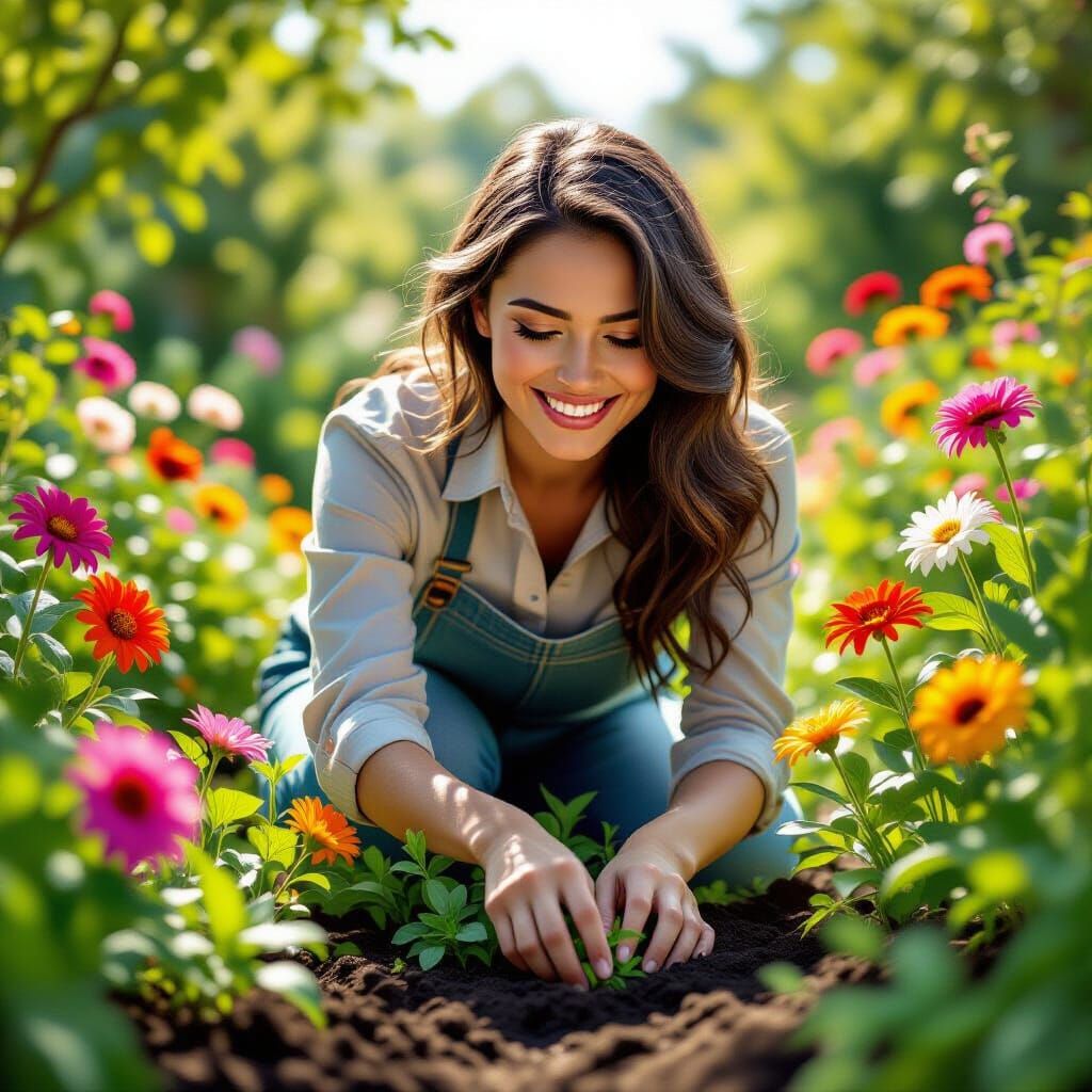 Joyful Gardener Tending Vibrant Flowers in Lush Garden