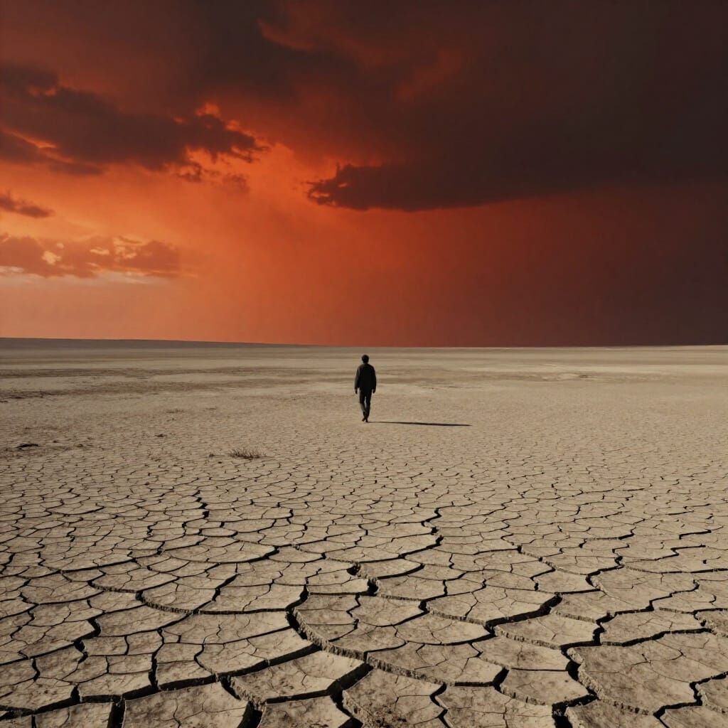 Solitary Figure in Alien Post-Apocalyptic Landscape