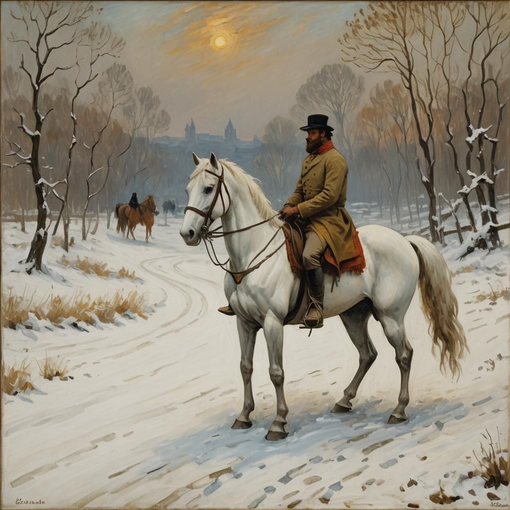Lone Rider on White Horse in Snow as Impressionist Painting