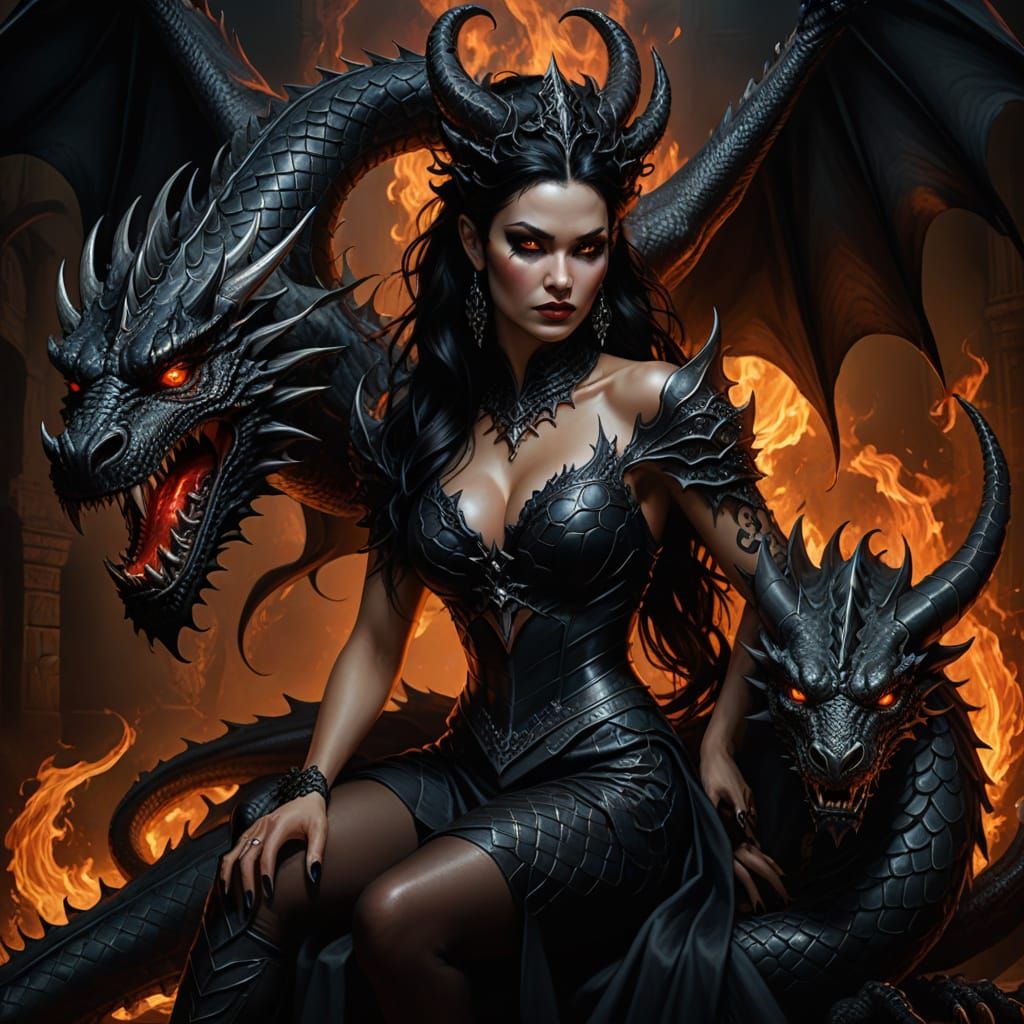 Infernal Demonic Queen on Dragon: Dark Fantasy Art