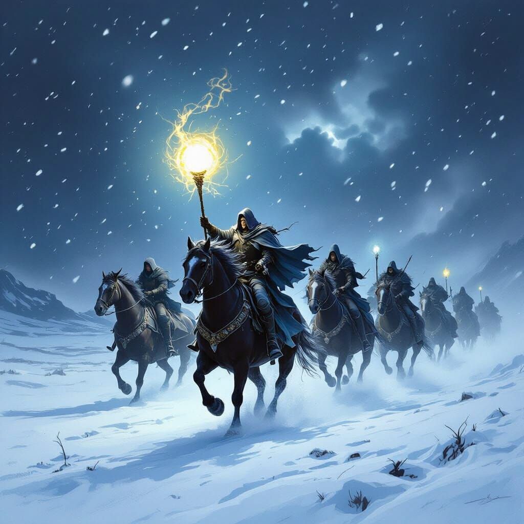 Wild Hunt Rides Through Blizzard with Mage's Glowing Scepter